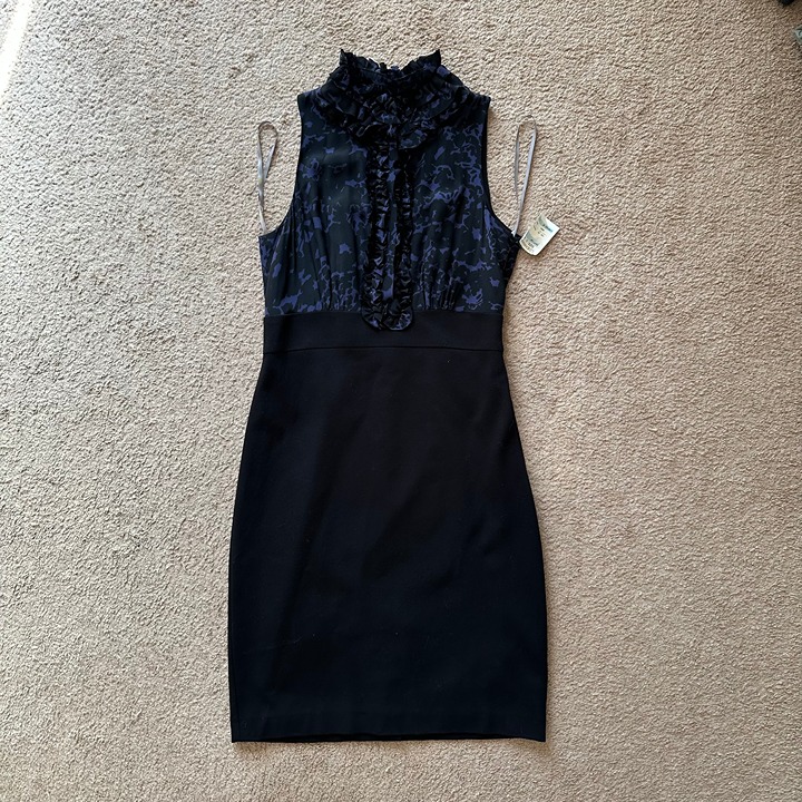 Taylor Dress Womens 8 Silk Button Up Blue Black Straps Side Zip