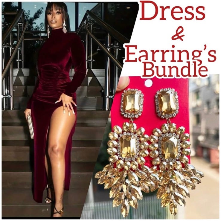 Burgundy Velvet Longsleeve Dress & Fashion Earrings