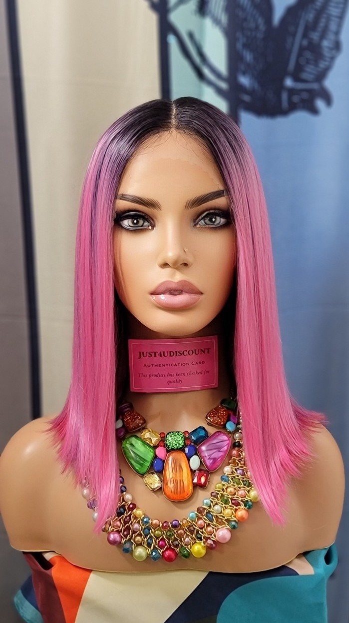 Pink blunt cut bob hd lace front wig with soft pastel rainbow highlights