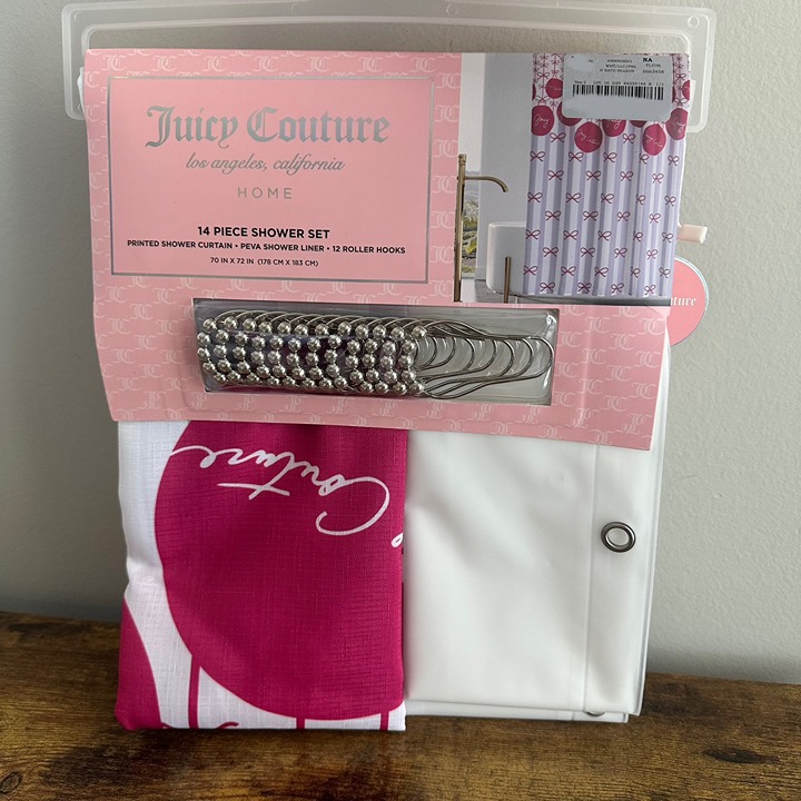 New Juicy Couture Fabric Shower Curtain PEVA Liner Hooks Set 70x72 Christmas