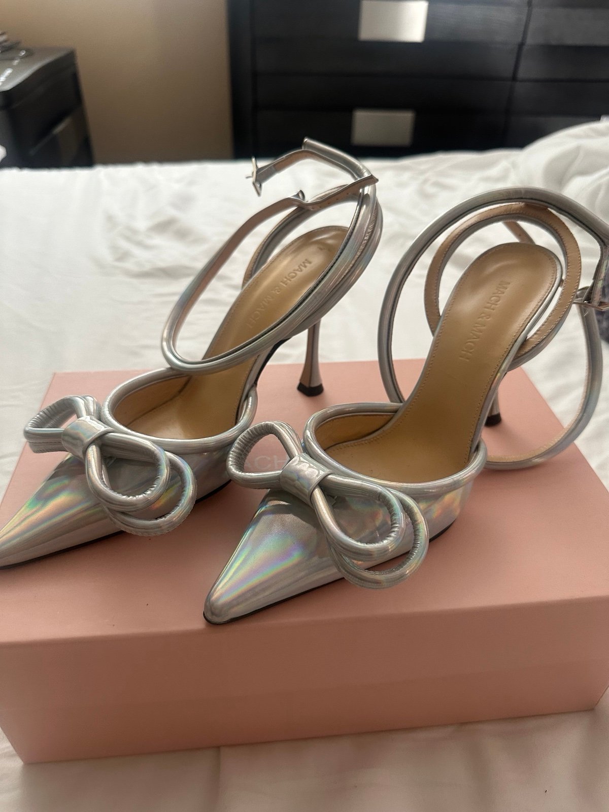 Mach & Mach Silver Iridescent Double Bow Heel size 37