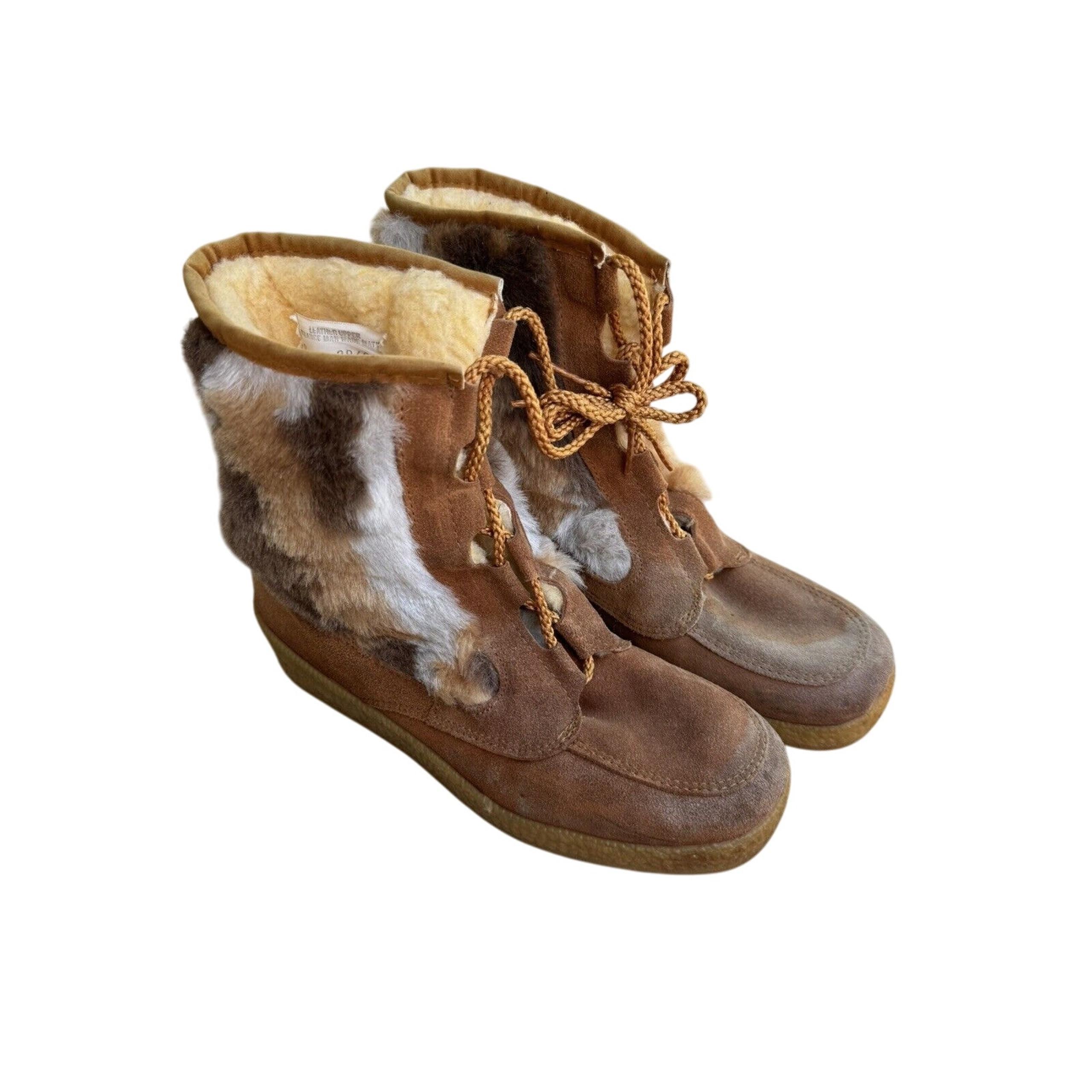 QUODDY Moccasin Leather Faux Fur Winter Native Boots Size 8 Sherpa Lined USA