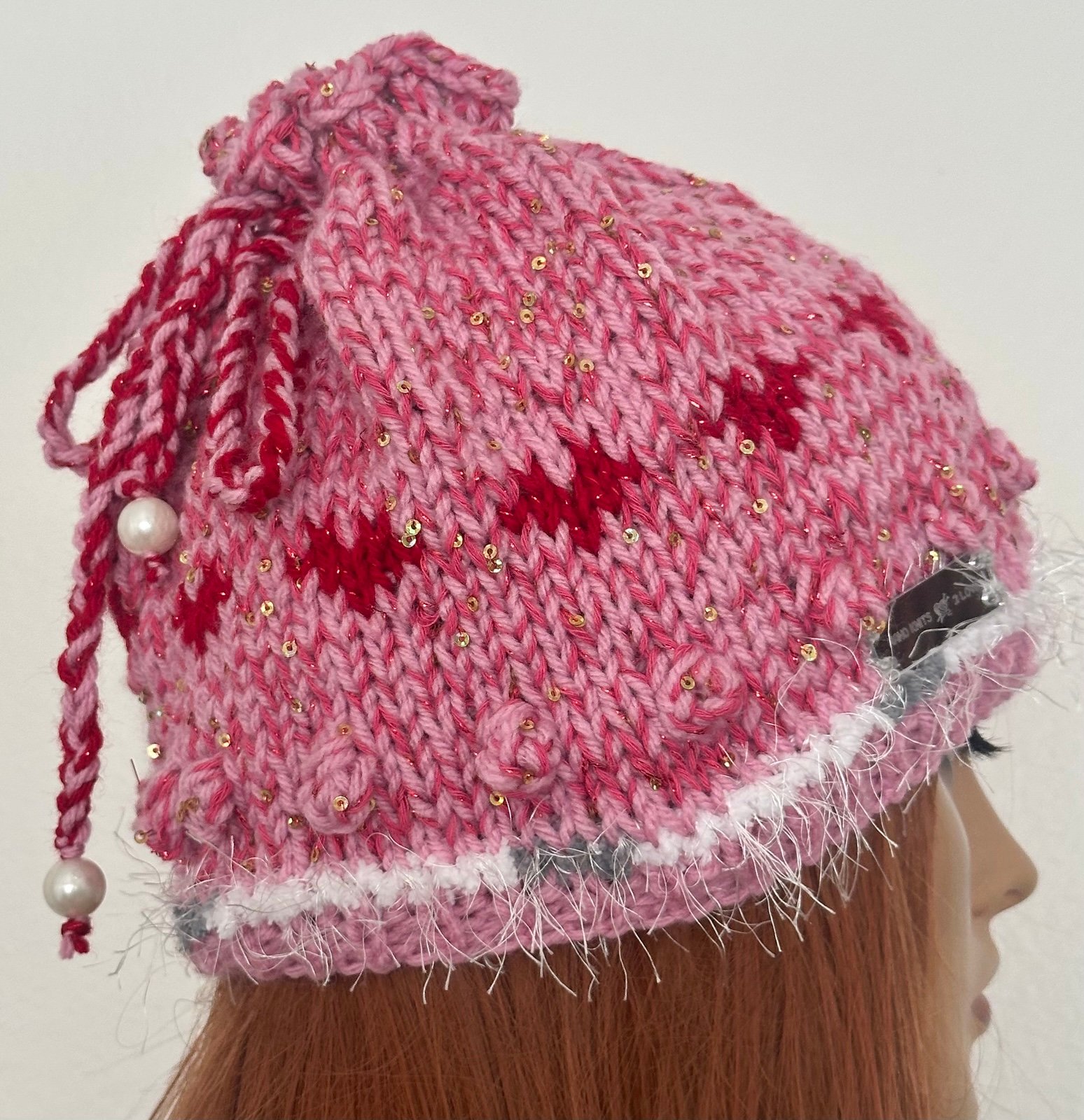 Hand Knits 2 Love Slouch Beanie Hat Hearts Sequences Pearl Designer Valentines