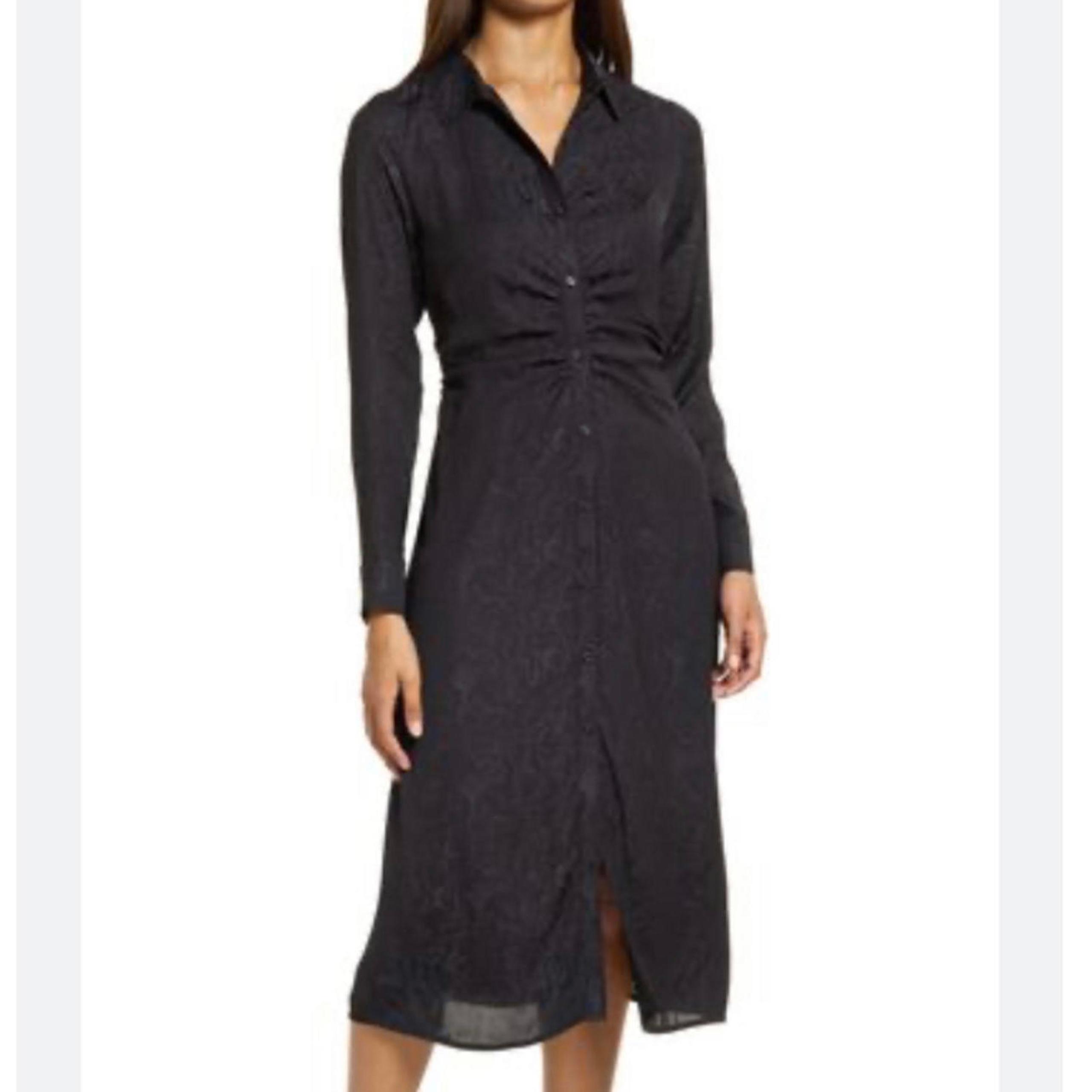 HALOGEN black swirl print long sleeve gathered button down dress sz M