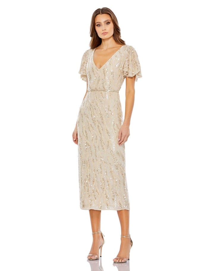 Mac Duggal Sequined V Neck Flutter Sleeve Tea Length Dress 93591