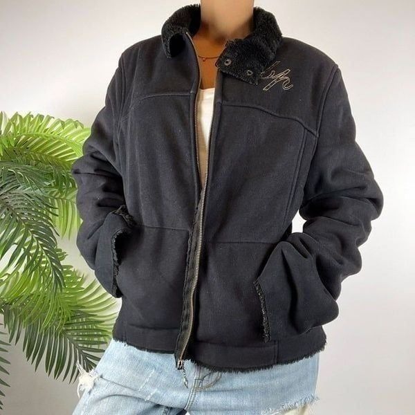 Vintage Y2K Baby Phat Black Suede Streetwear Faux Fur Indie Grunge Jacket / XL