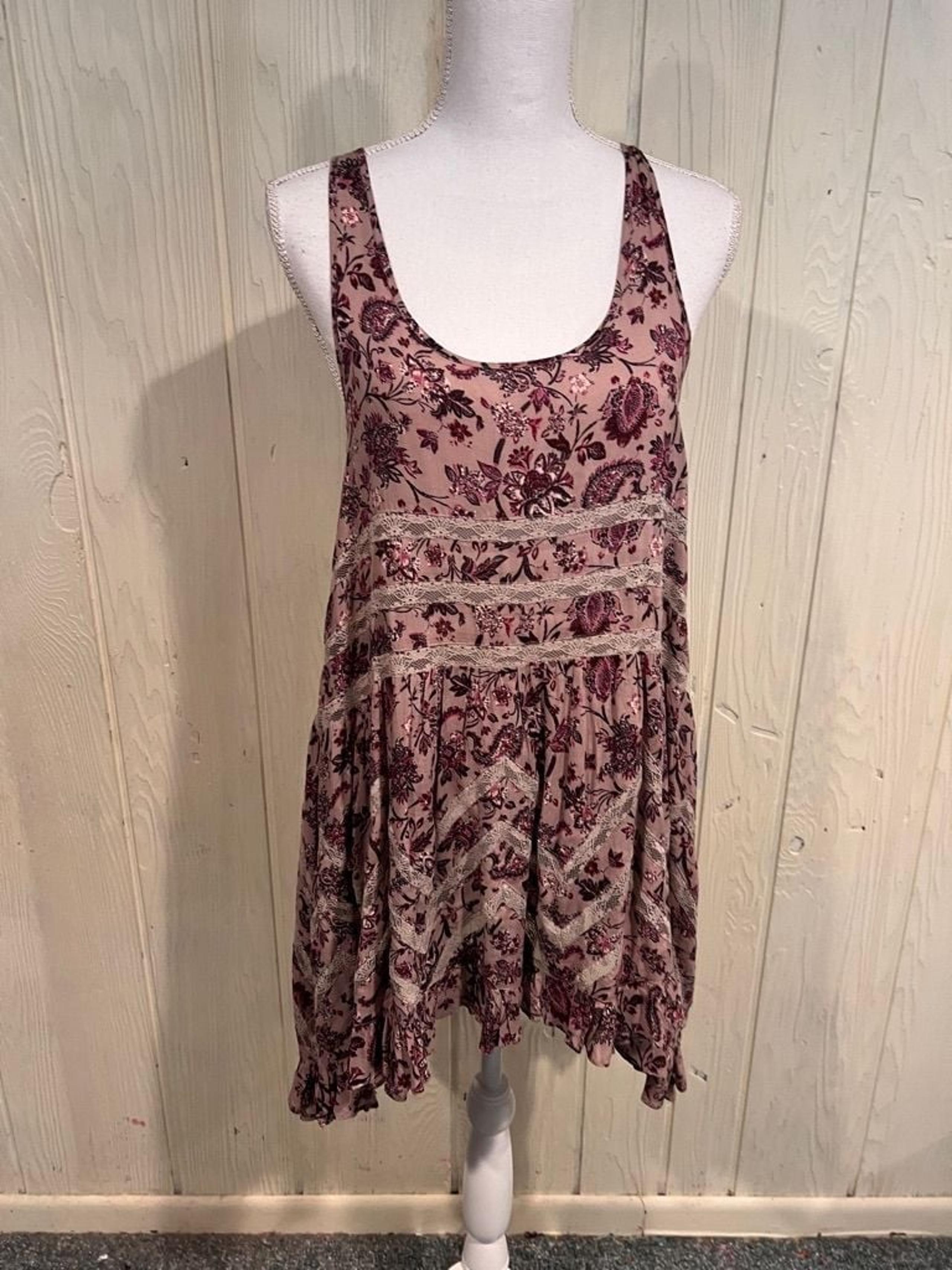 Women's intimately free people Pink mini Floral Dress Ruffle Lace Size S
