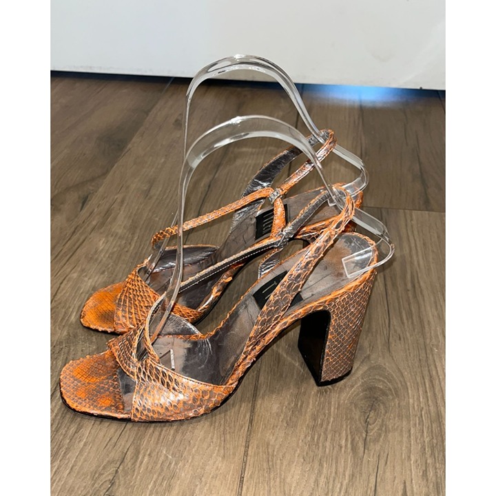 Richard Tyler Orange Snake Print Block Heel Sandals With Transparent Straps - Wo