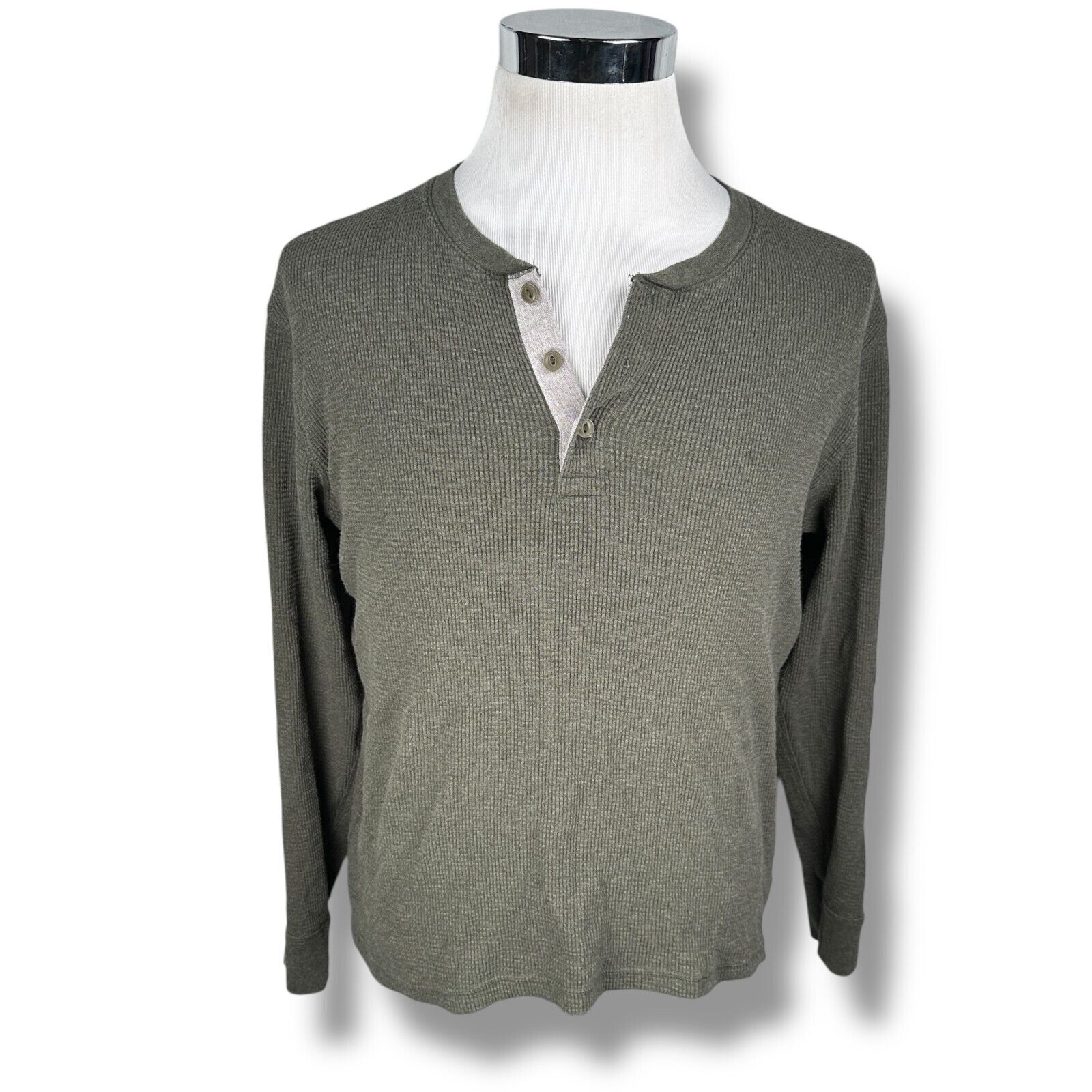 Faherty Thermal Henley Shirt Men’s Large Green Cotton Waffle Knit Long Sleeve