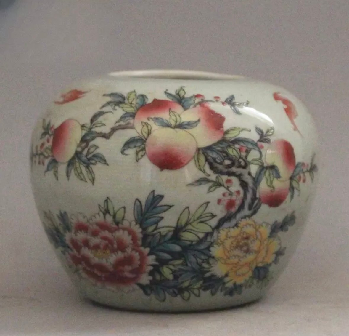4.1 Chinese Qing Famille Rose Porcelain Longevity Peach Tree Peony Brush Washer