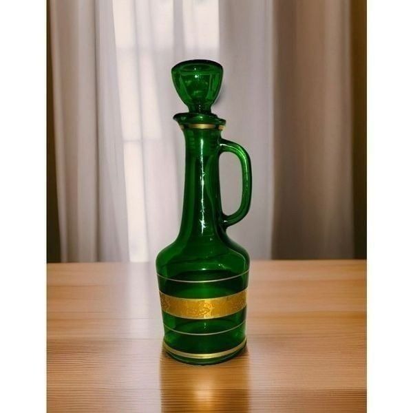 Vintage Green And Gold Italian Decanter And 5 Glasses Stunning!