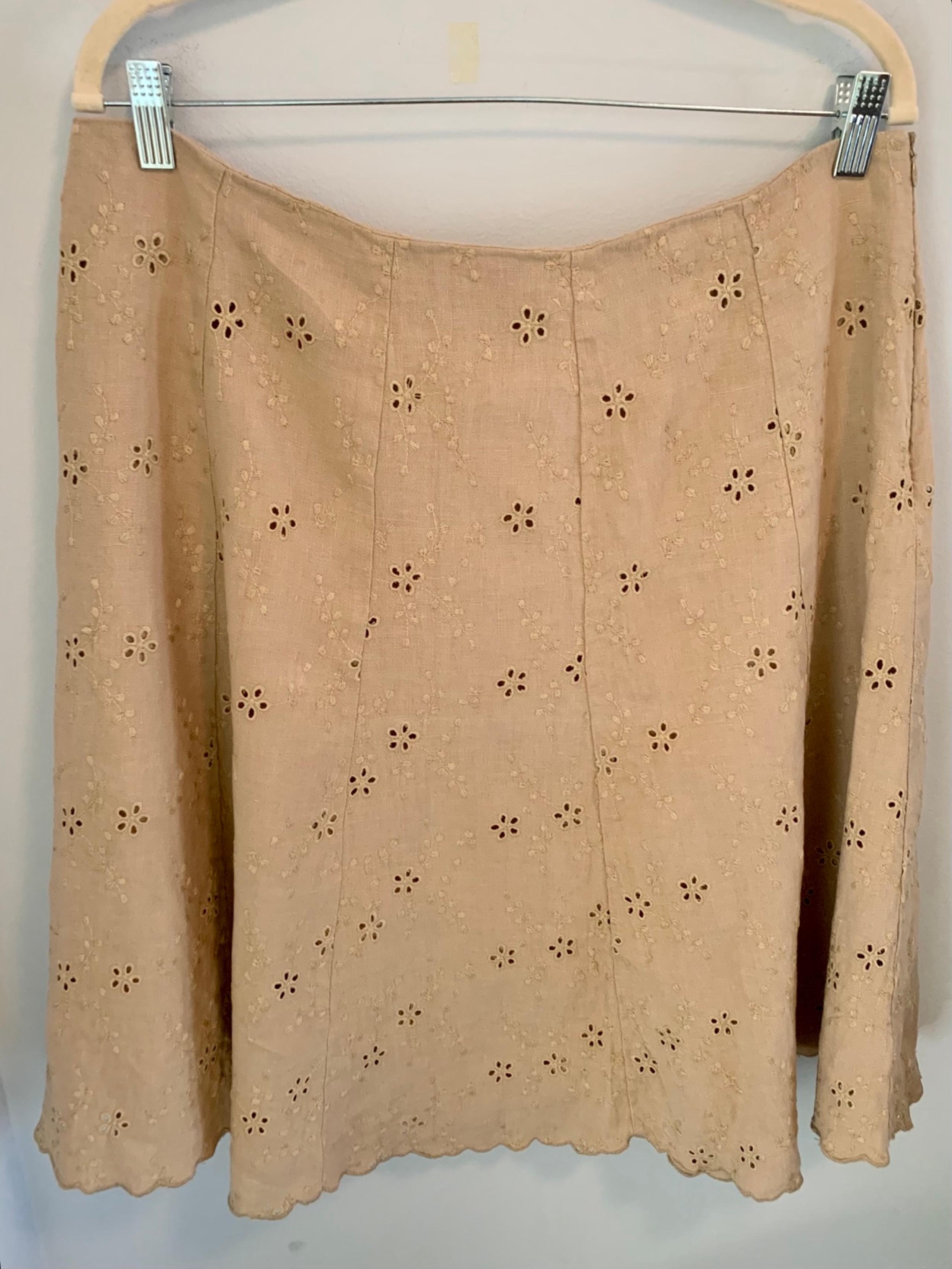 Orvis Skirt Tan 100% Linen A-line Size 16 Zip Closure Eyelet With Lining.