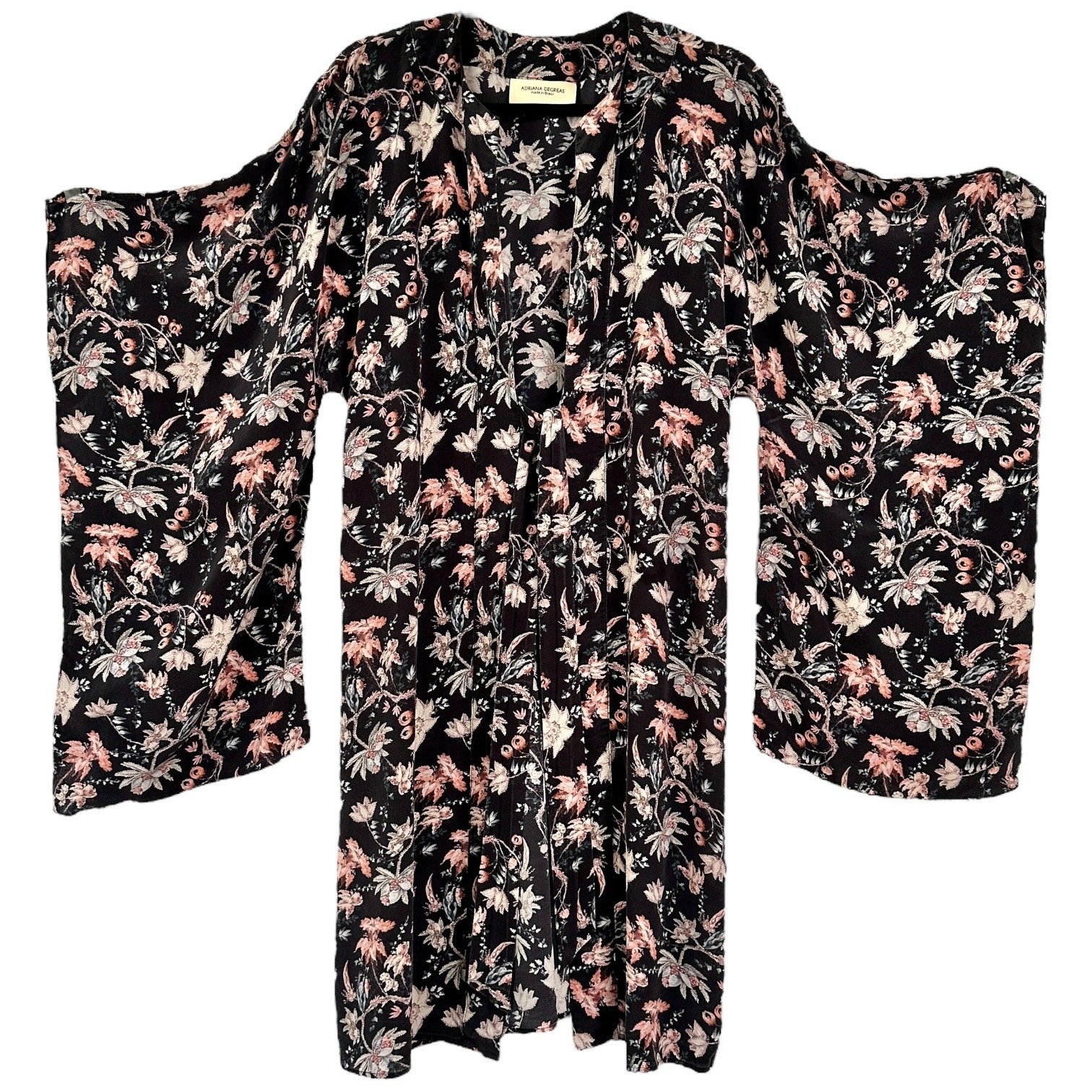 Adriana Degreas 100% Silk Kimono robe coverup floral front knot tie One Size