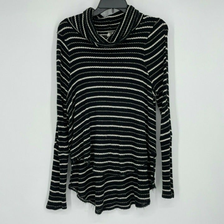 We The Free Shirt Women's S Black White Striped Cowl Neck Frayed Hem Long Sleeve