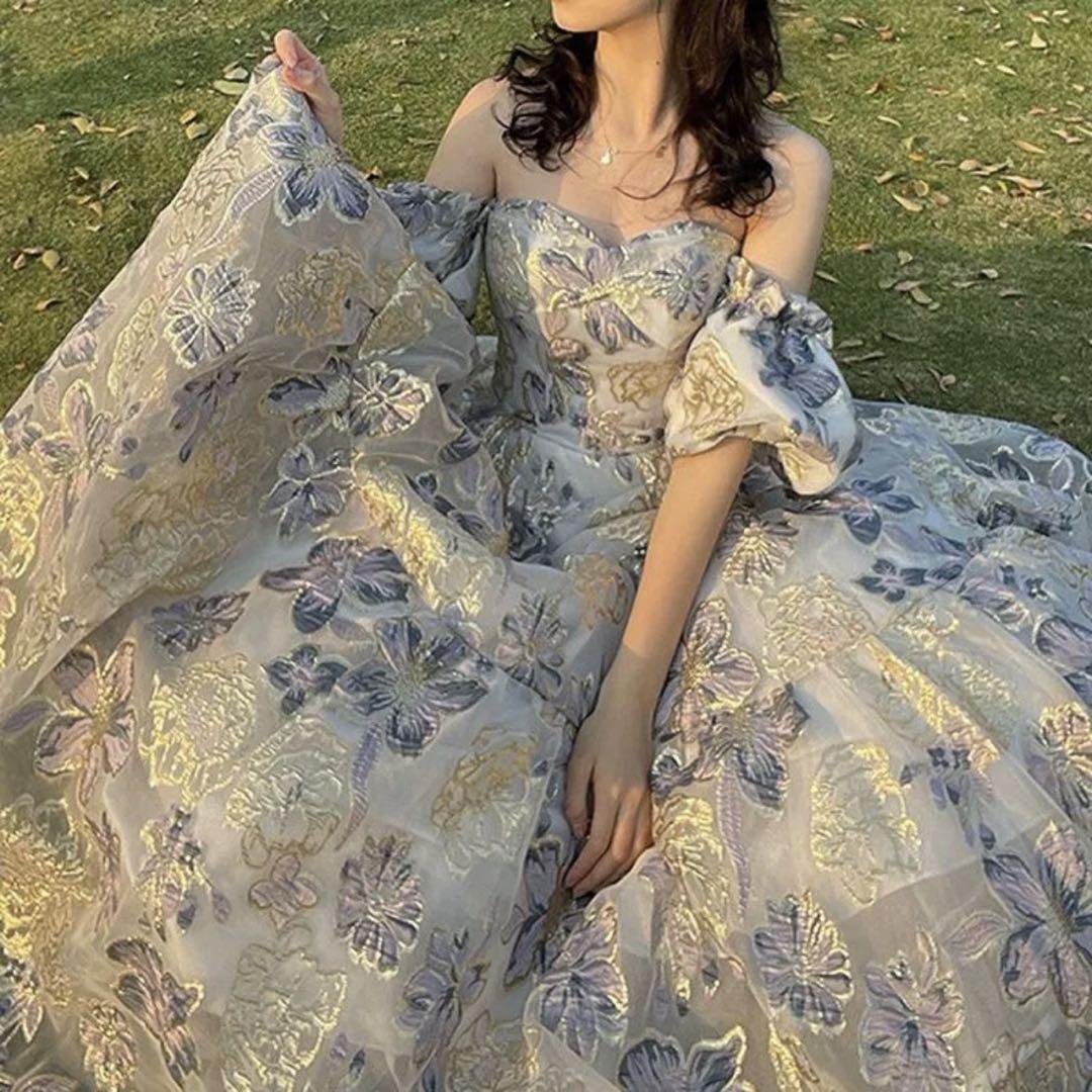Off-the-shoulder floral embroidered colored dress