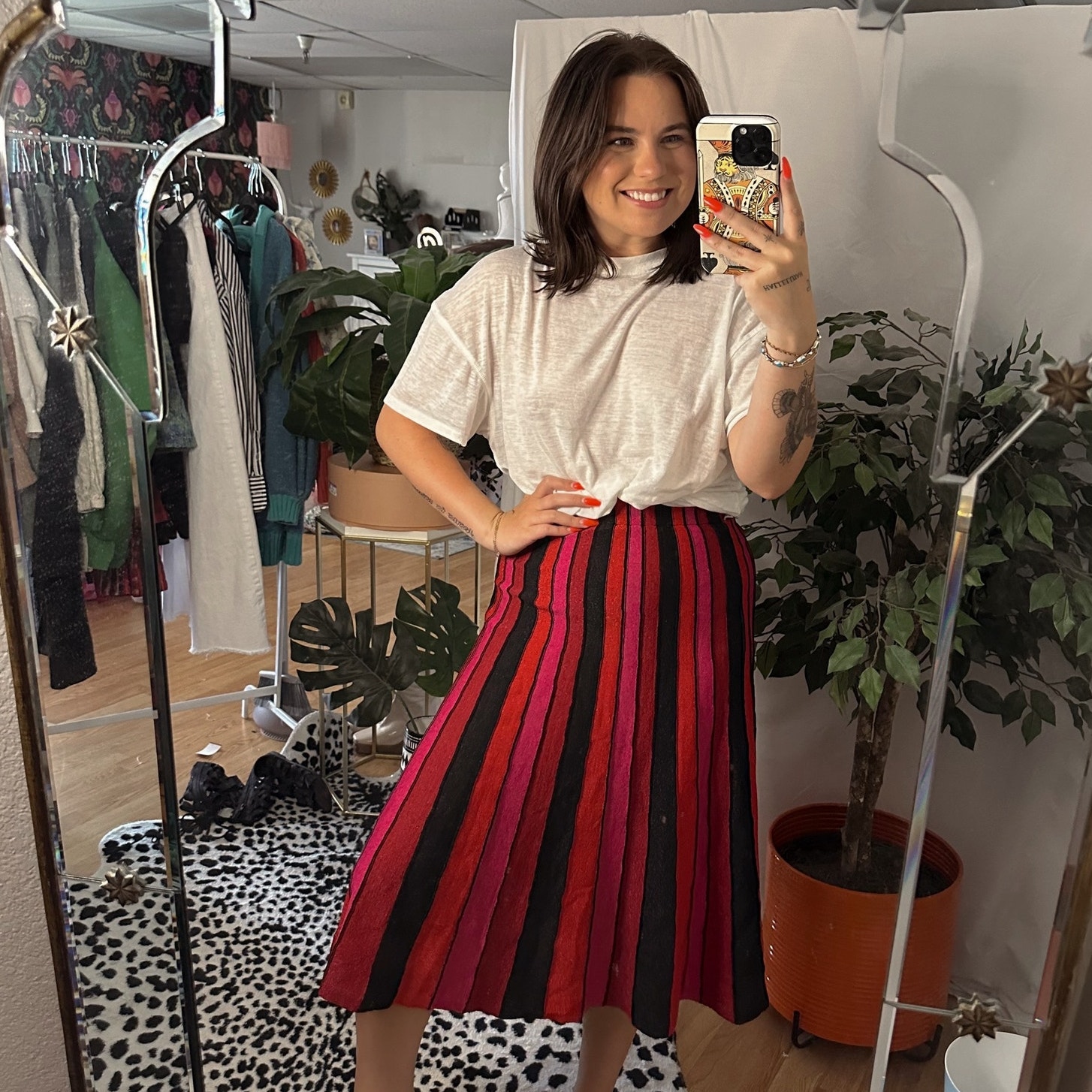 RONNY KOBO Yuma Pleated Knit Midi Skirt Red Pink Stripe Size XS