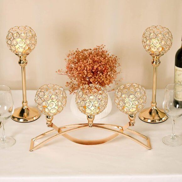 New 3-Arm Gold Crystal Candle Holder or 2 Candlesticks for Table Decor