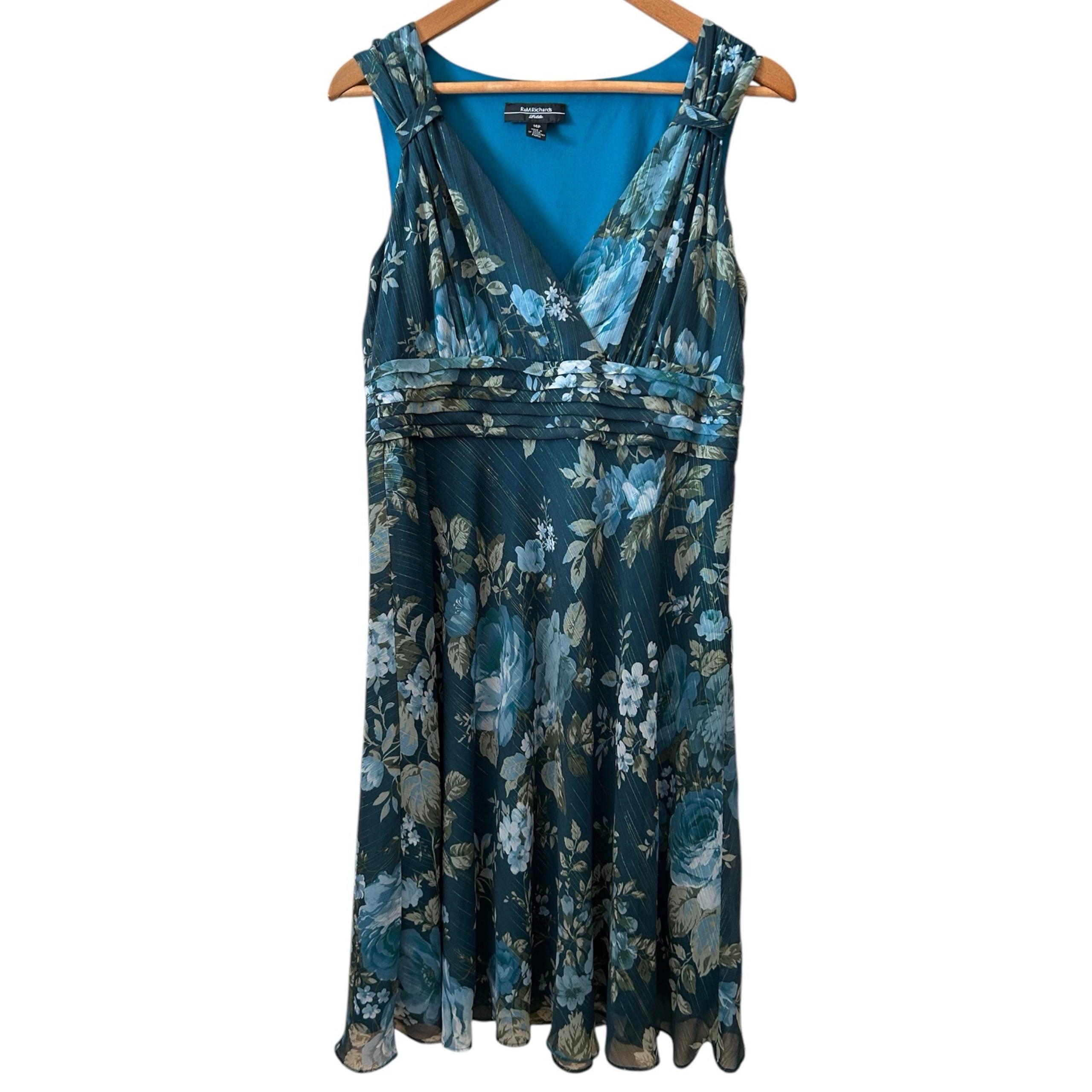 R&M Richards Women 14P Babydoll Floral Blue Flowy dress Empire waist Side Zip