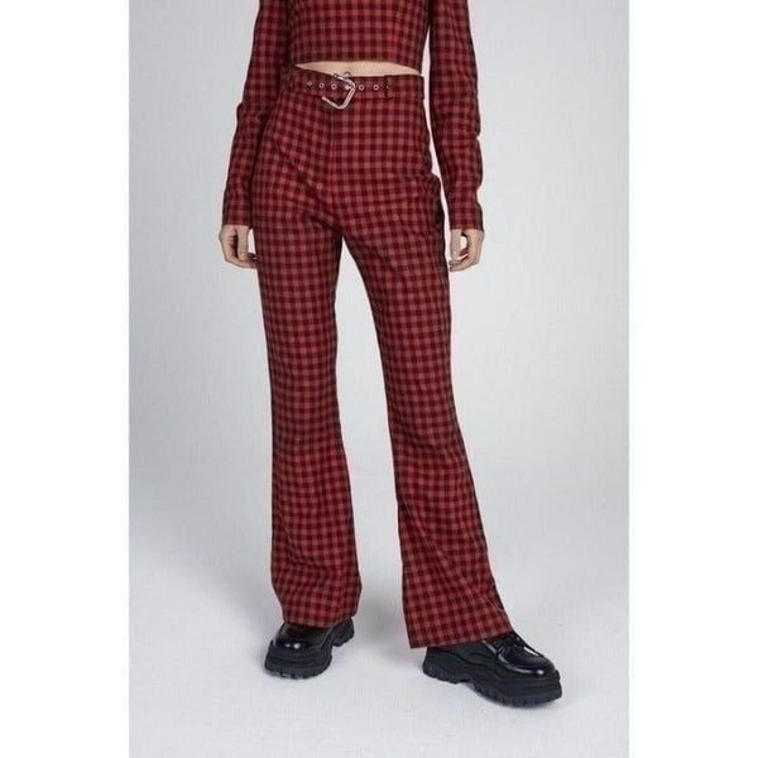 THE RAGGED PRIEST Milk It Crimson Flared Red Gingham Trouser Pants Checker Print