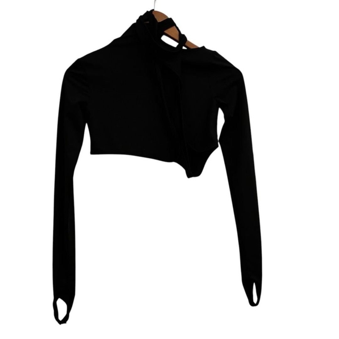 Hyein Seo Black Long Sleeve Stretch Women's Crop Wrap Tie Top Thumbholes size 2
