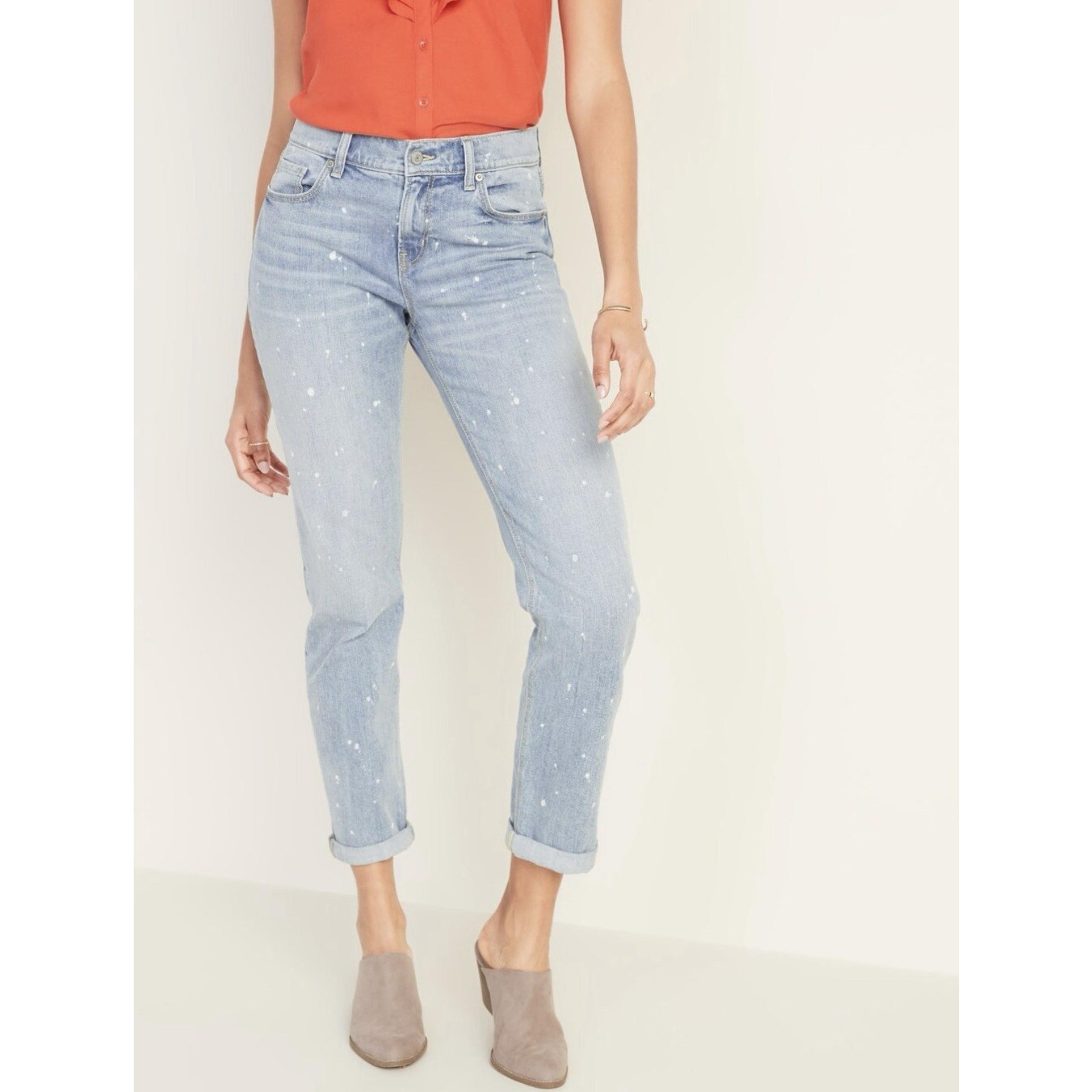 Old Navy Sz 16 Boyfriend Straight Jeans Mid Rise Bleach Spots Light Wash Stretch