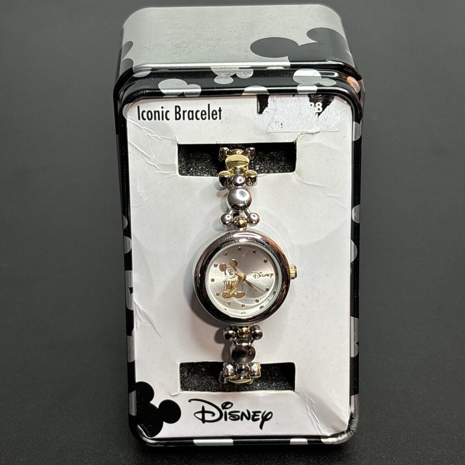 Disney Iconic Bracelet Watch Silver Gold Mickey Mouse Berger Co Metal Box READ