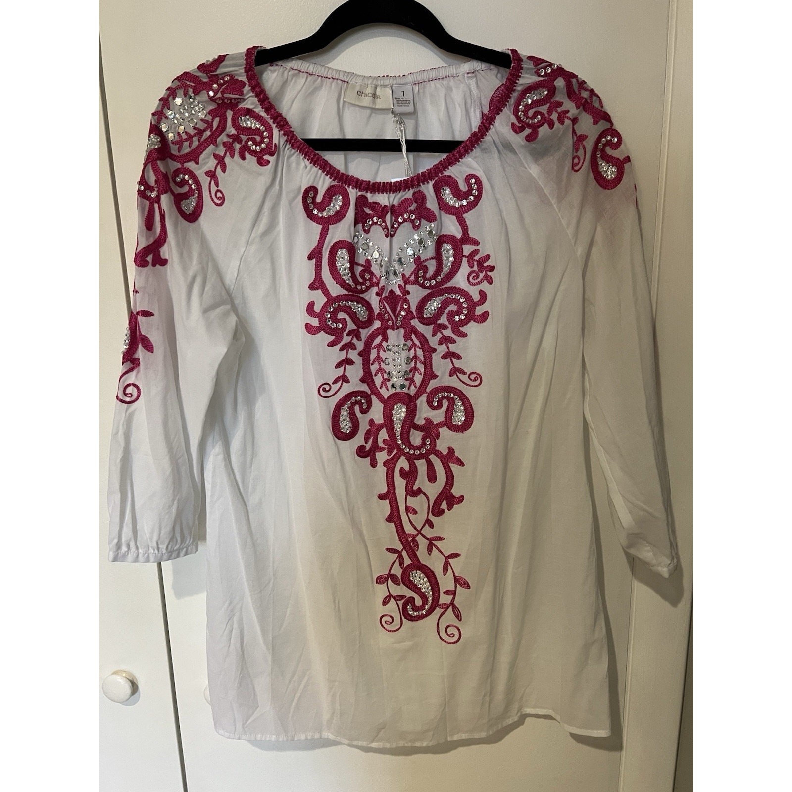 NWT Chico's White Embroidered Size 1 Rhinestone Galore Anelle 3/4 Sleeve Blouse