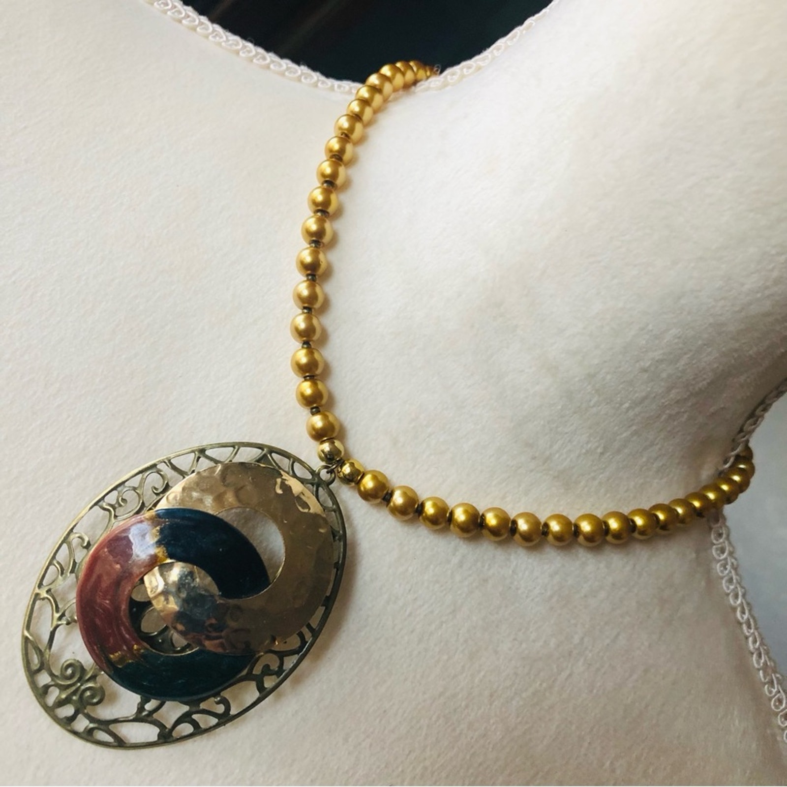 Handcrafted repurpose medieval look filigree pendant Czech glass Pearl necklace