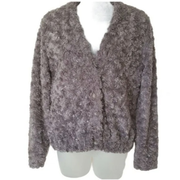 TROUVE Sweater Jacket Teddy Gray Silver Faux Fur Shiny Winter Layer Soft Size S