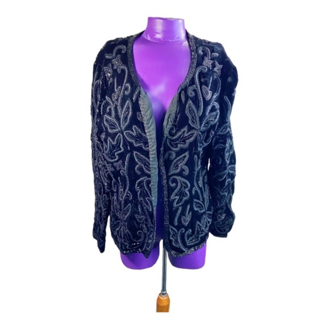 Niteline Della Roufogali vintage black rayon beaded formal soutache jacket PXL