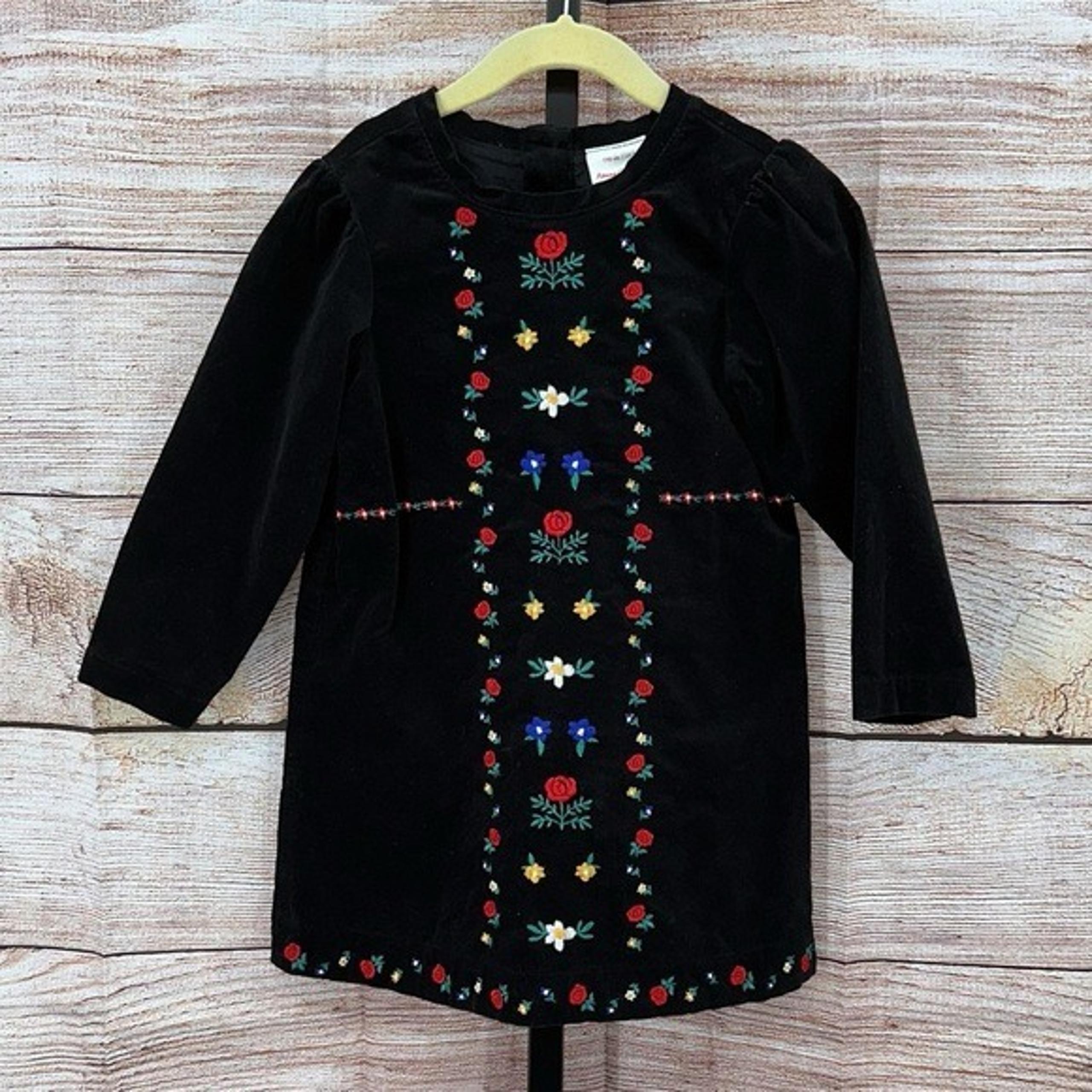 Hanna Andersson Black with Floral Design Velour Dress Size 5