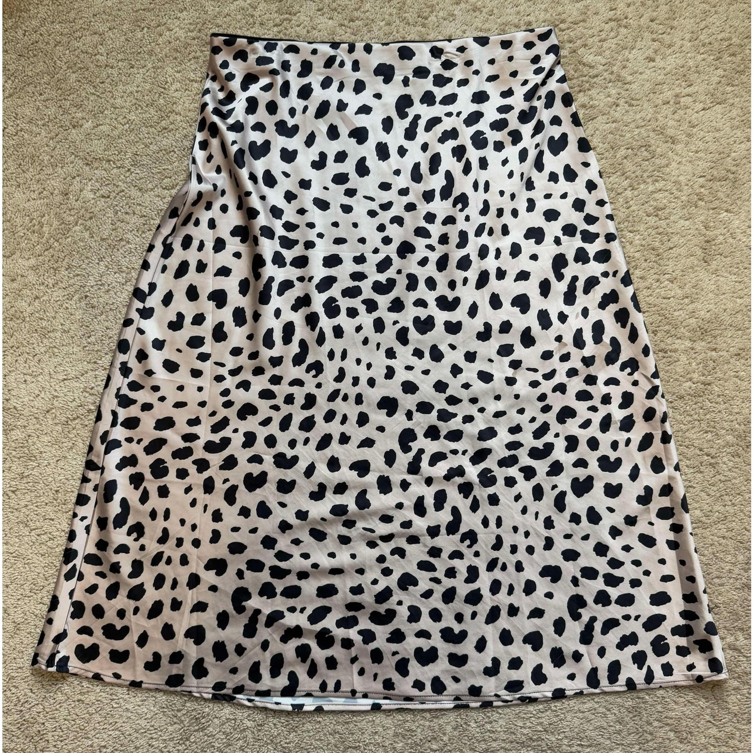Pull On Leopard Silk Satin A-Line Midi Skirt Elastic Waist Beige/Black Women's L
