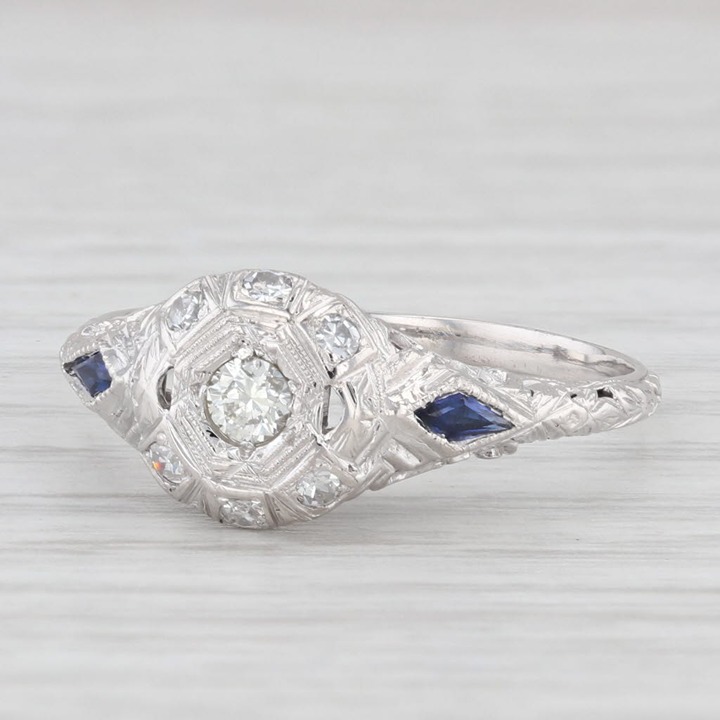 Art Deco 18k White Gold Single Cut Diamond Sapphire Filigree