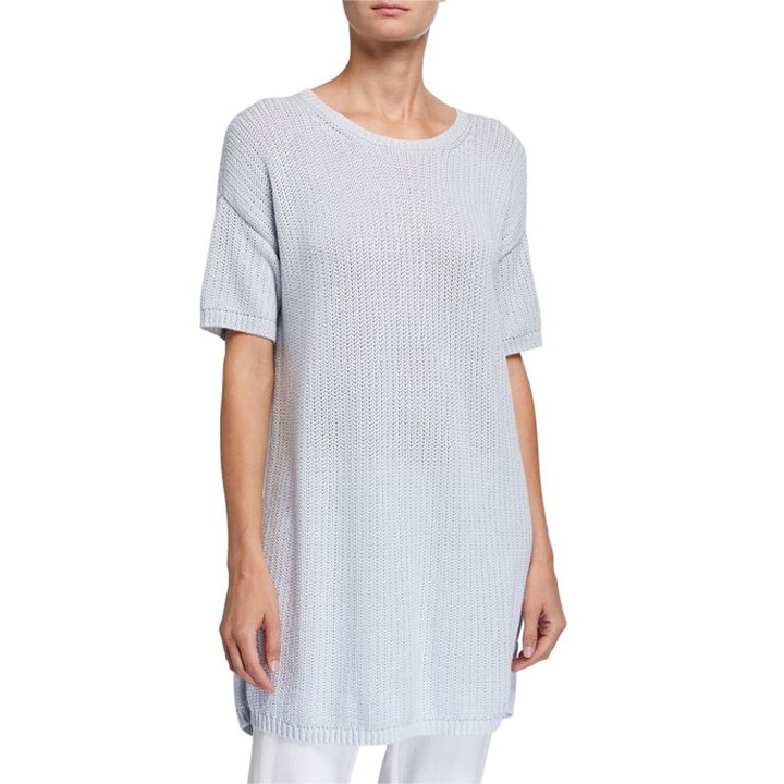 Eileen Fisher Womens S Light Bluish Gray Organic Cotton Open Knit Tunic Sweater