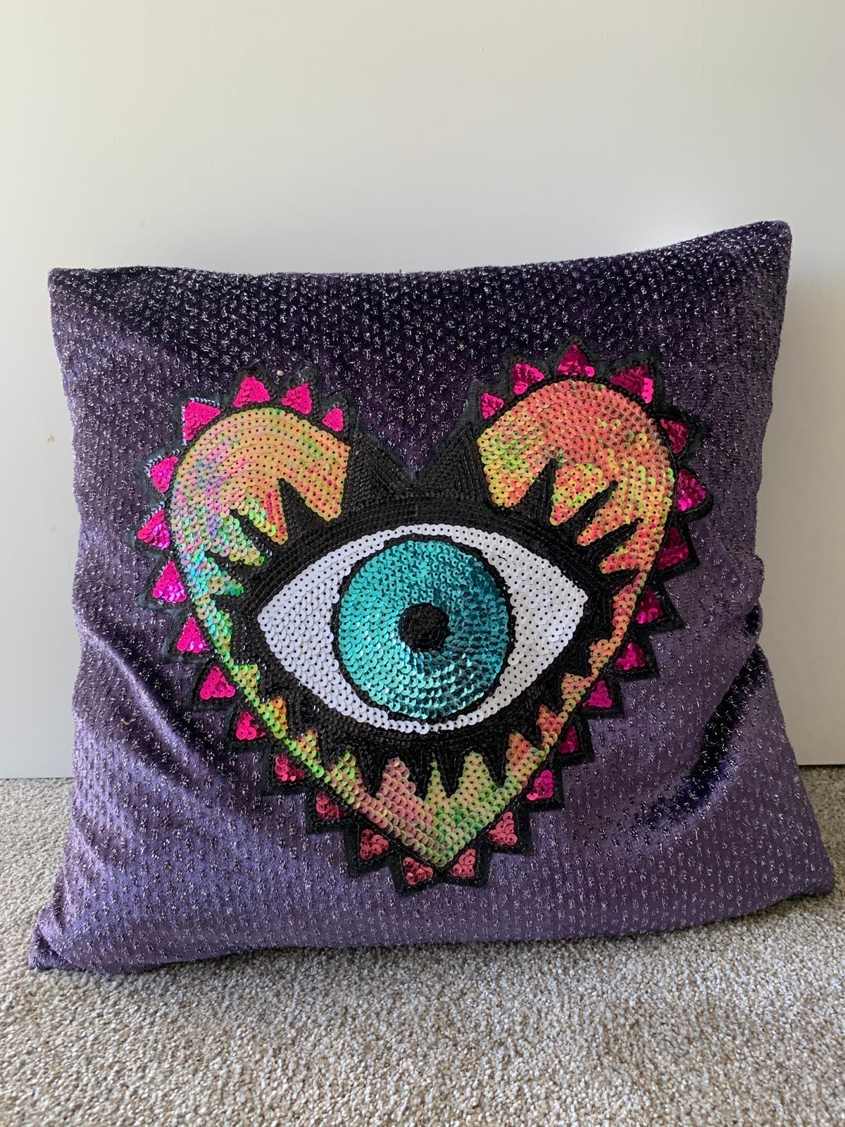 Handmade embellished heart & evil eye purple pillow!