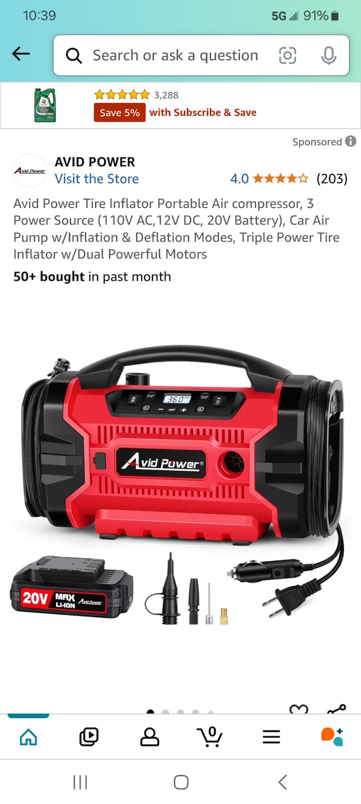 Avid Power Tire Inflator Portable Air compressor, 3 Power Source (110V AC,12V DC