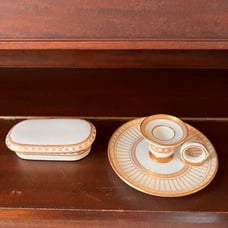 Vintage colonnade gold Wedgwood matchbox and candlestick