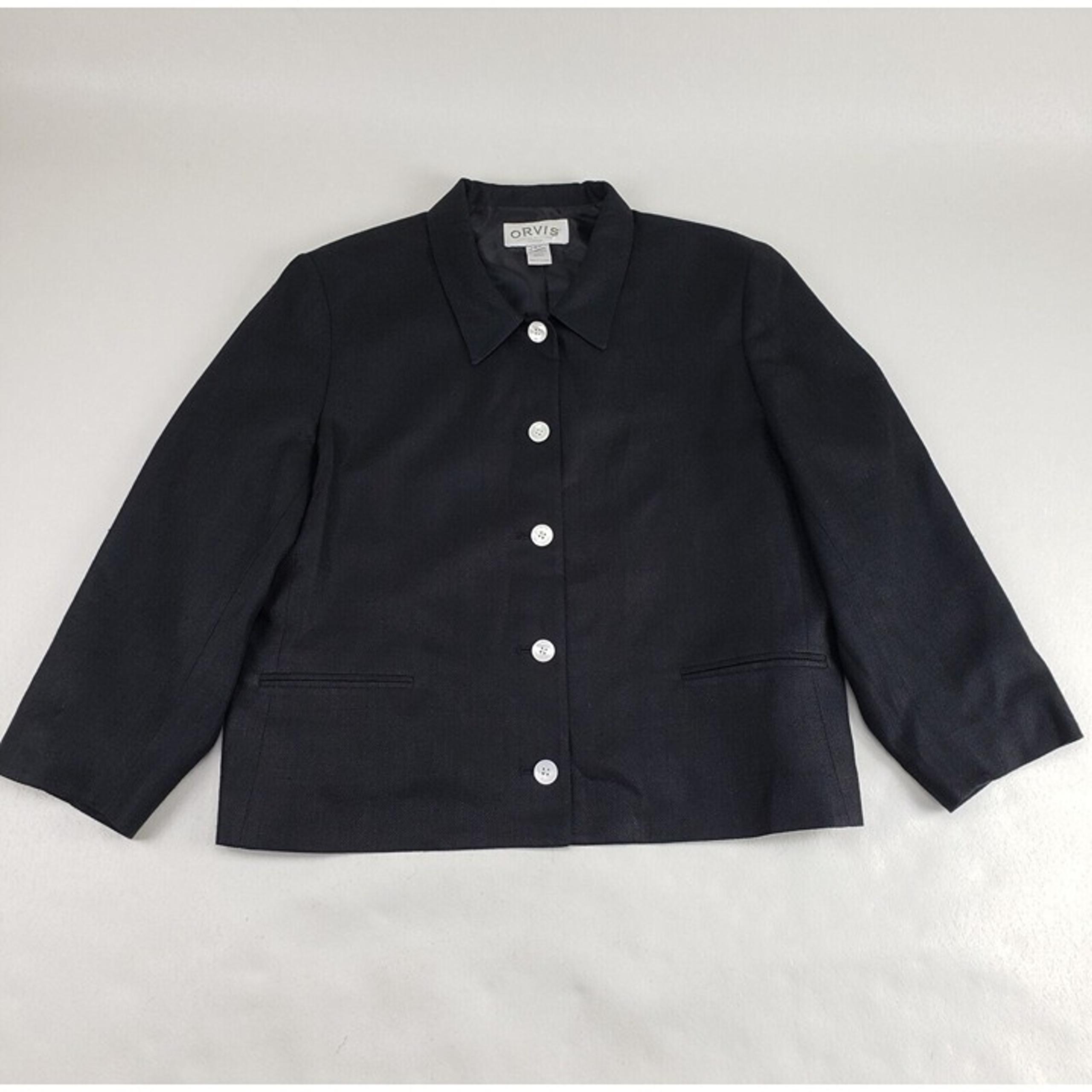 Orvis 100% Silk Blazer Jacket Womens 20 Black Herringbone Button Front Lined