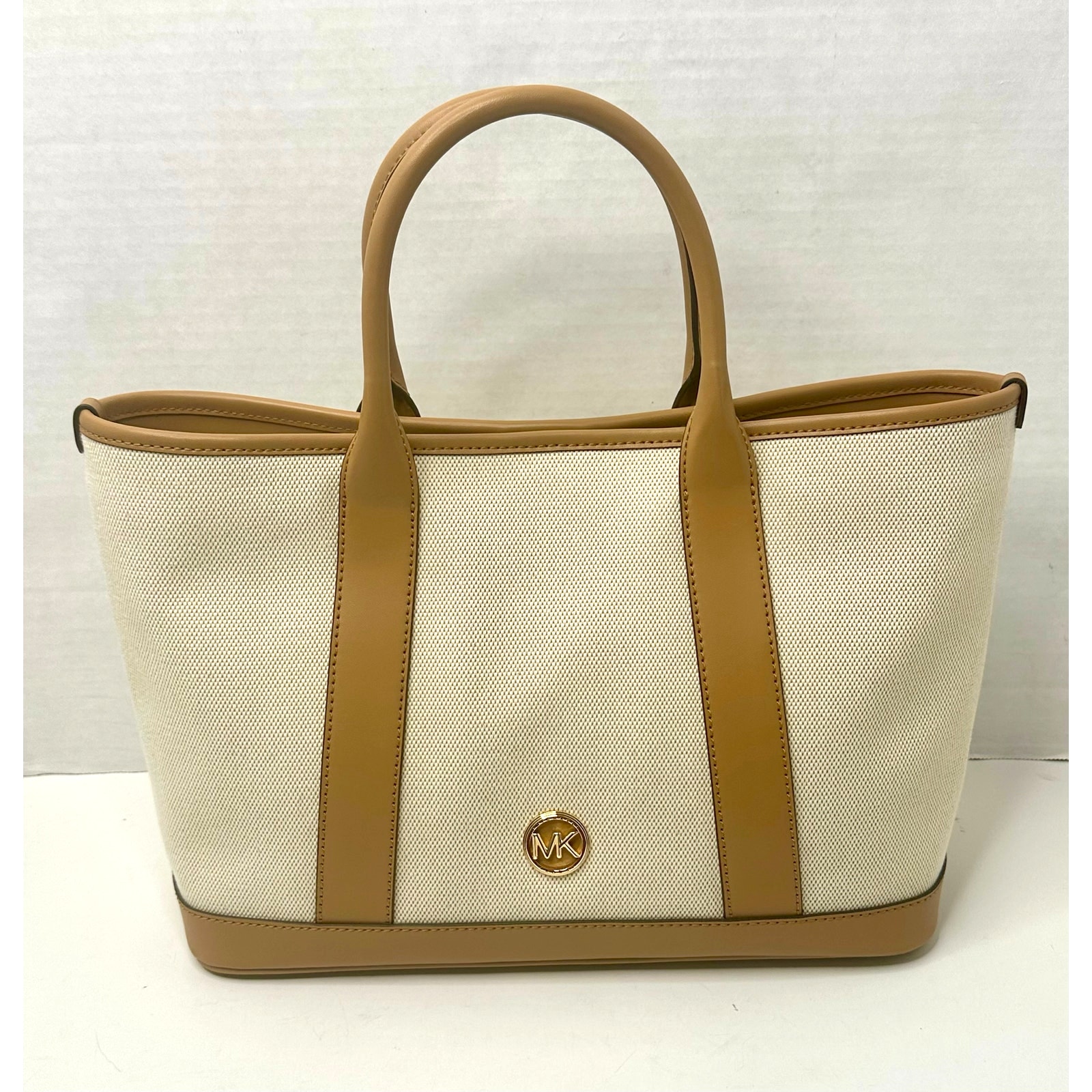 Michael Michael Kors Medium Luisa Logo Canvas Tote Bag Satchel Pale Peanut