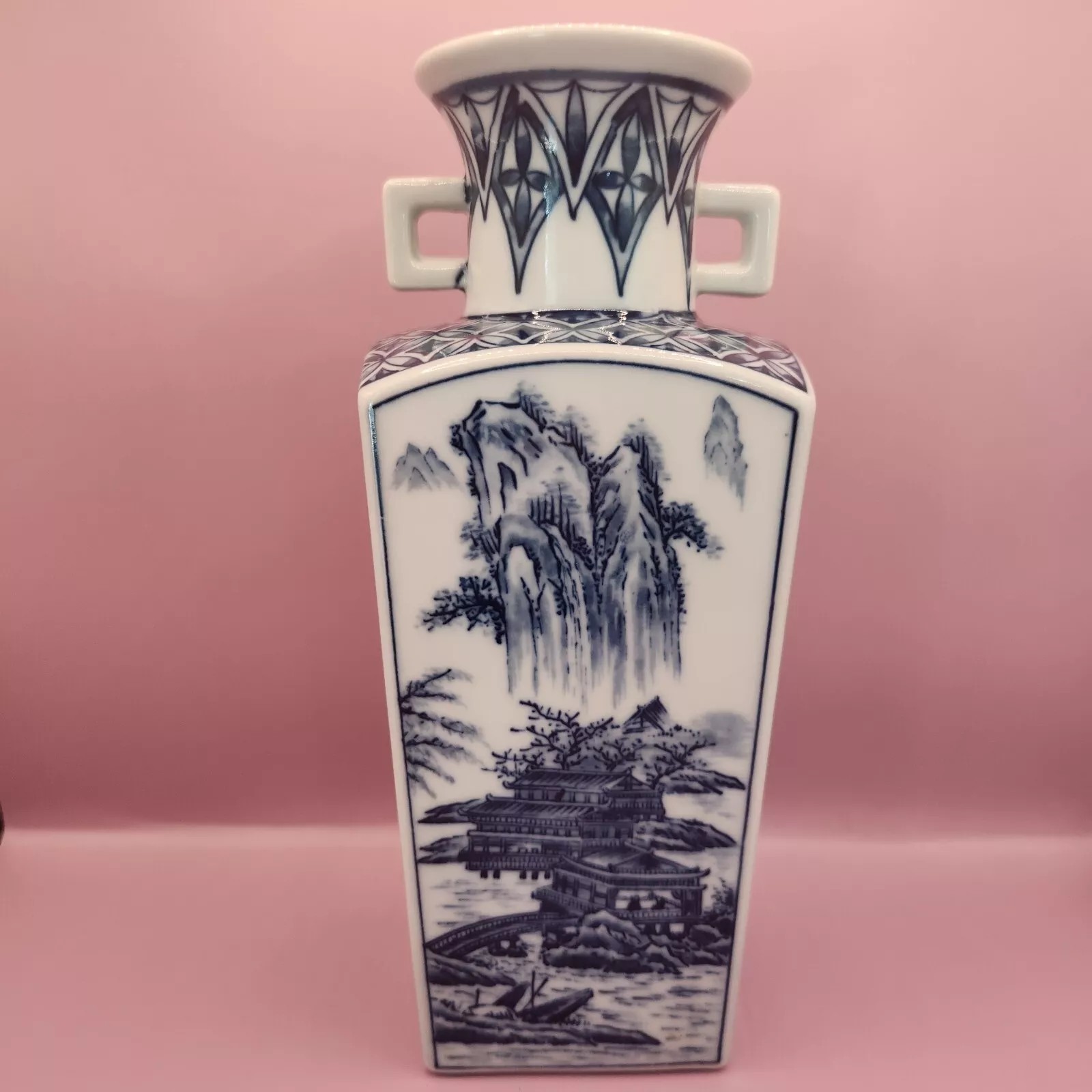 Vintage Oriental Porcelain Japanese Blue & White Square Vase Hand-Painted