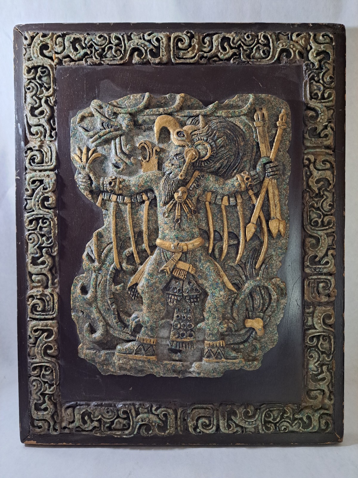 16 Vtg El-arte Azteca 3D Mayan Aztec Ancient God Malachite~ Wood Wall Plaque