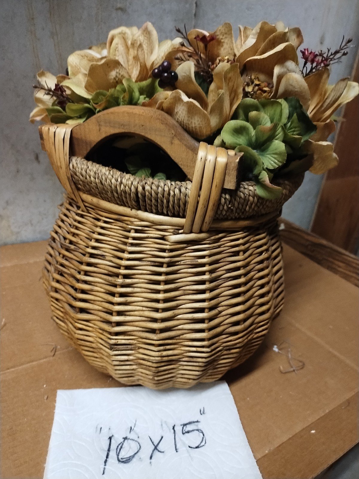 Wood Handled Basket w/Floral Accents