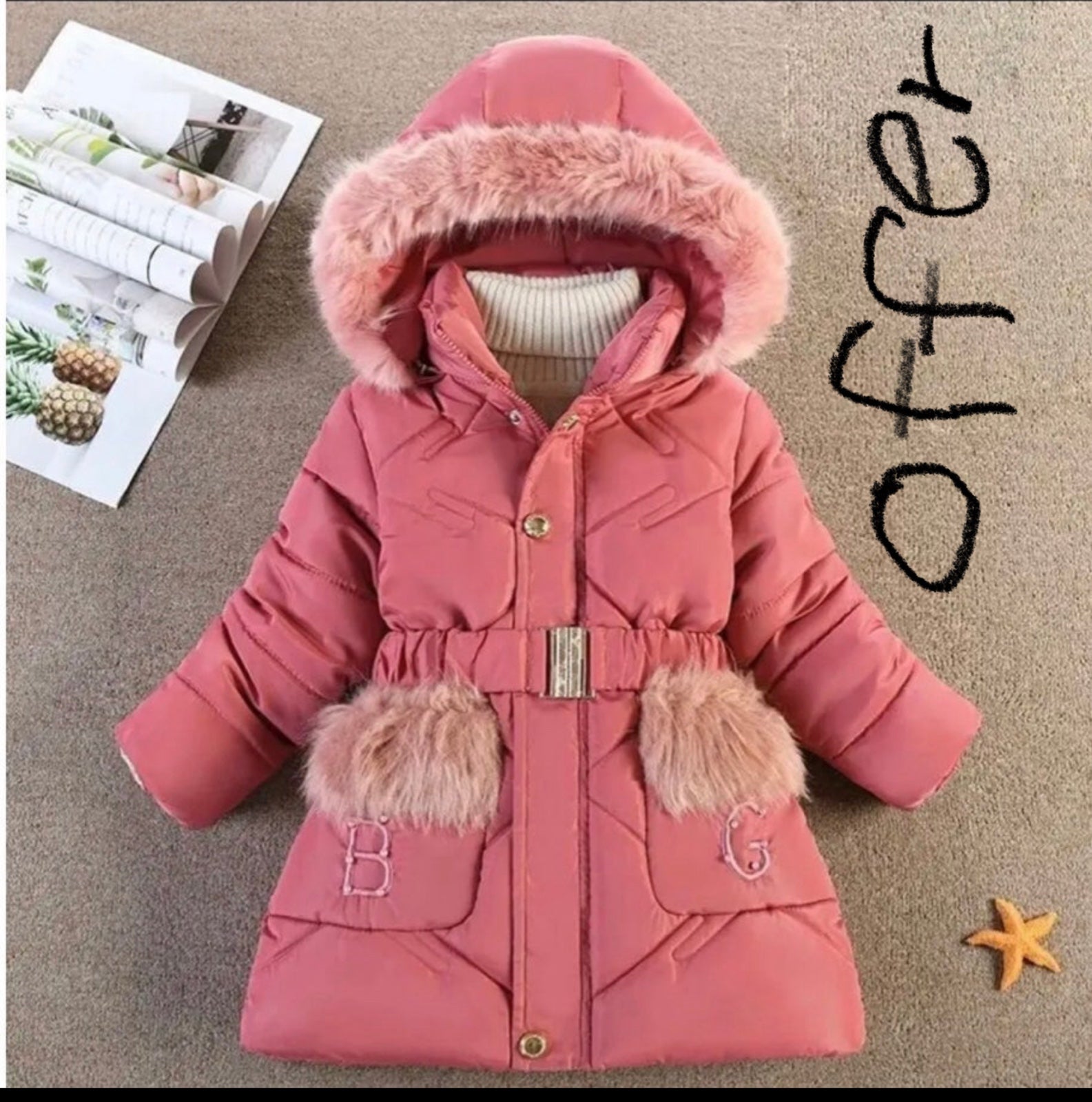 Winter warm girls padded thick jacket removable hoodie long coat+belt overcoat