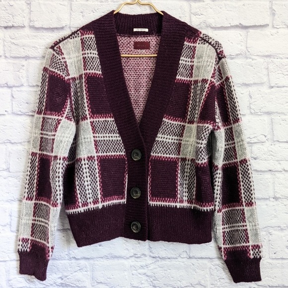 Mother The Slim Low Cardigan Sweater S Bad Boy Magnet Purple Plaid Cropped