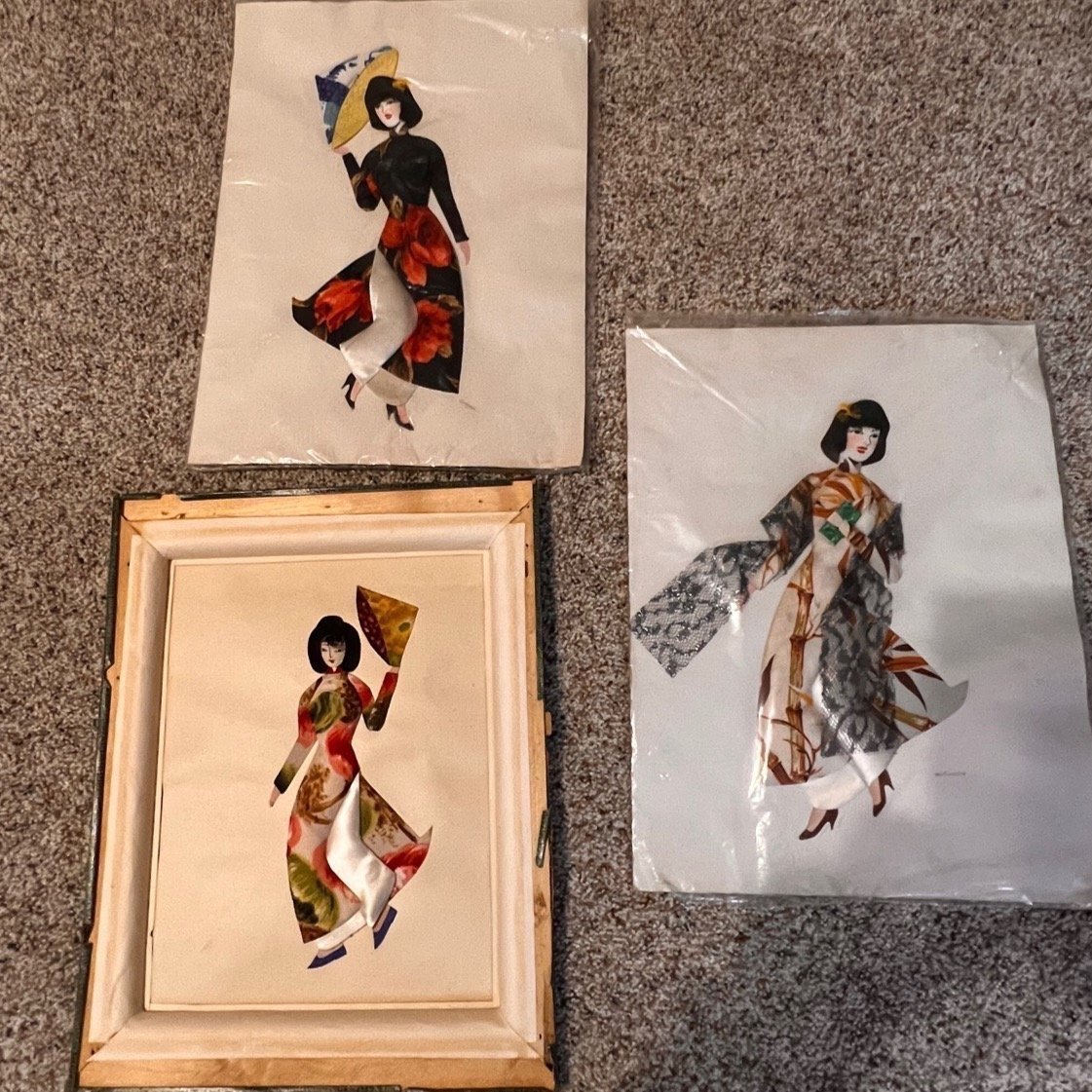 3 Vintage Silk Fabric 3D Wall Art Vietnamese women in ao dai Art Signed