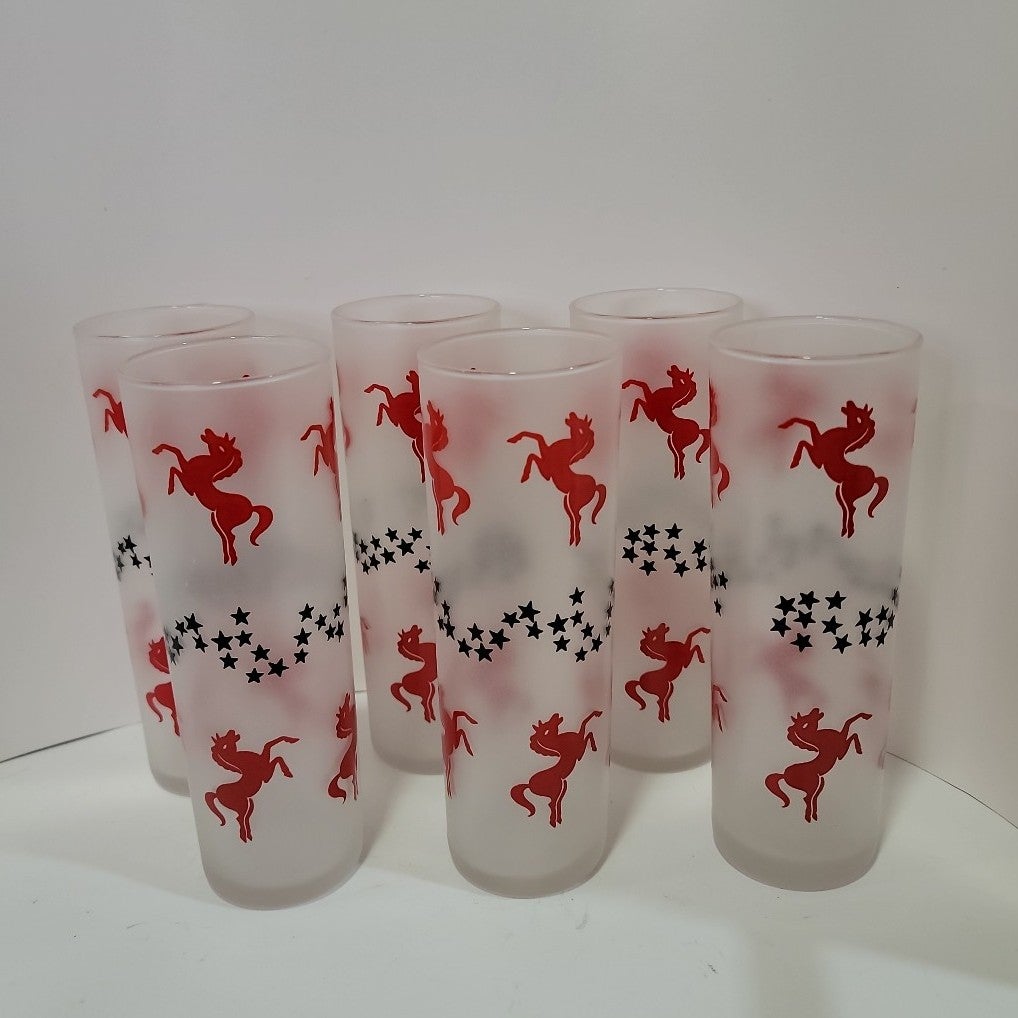 MCM Libbey Red Horses Black Stars Tom Collins Glasses Set Of Six