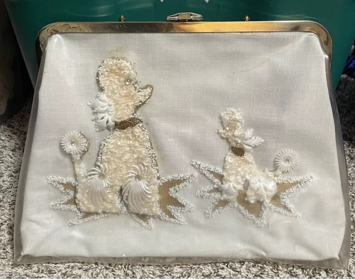 Vintage 50s Poodle Purse Handbag Embellished Beads & Shells ROCKABILLY