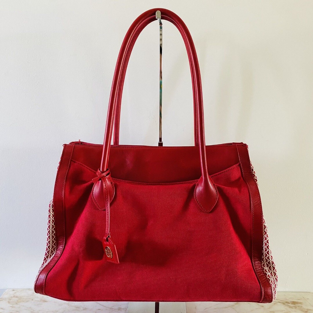 TORY BURCH ‘Savannah' Print Red Canvas Leather Tote Bag