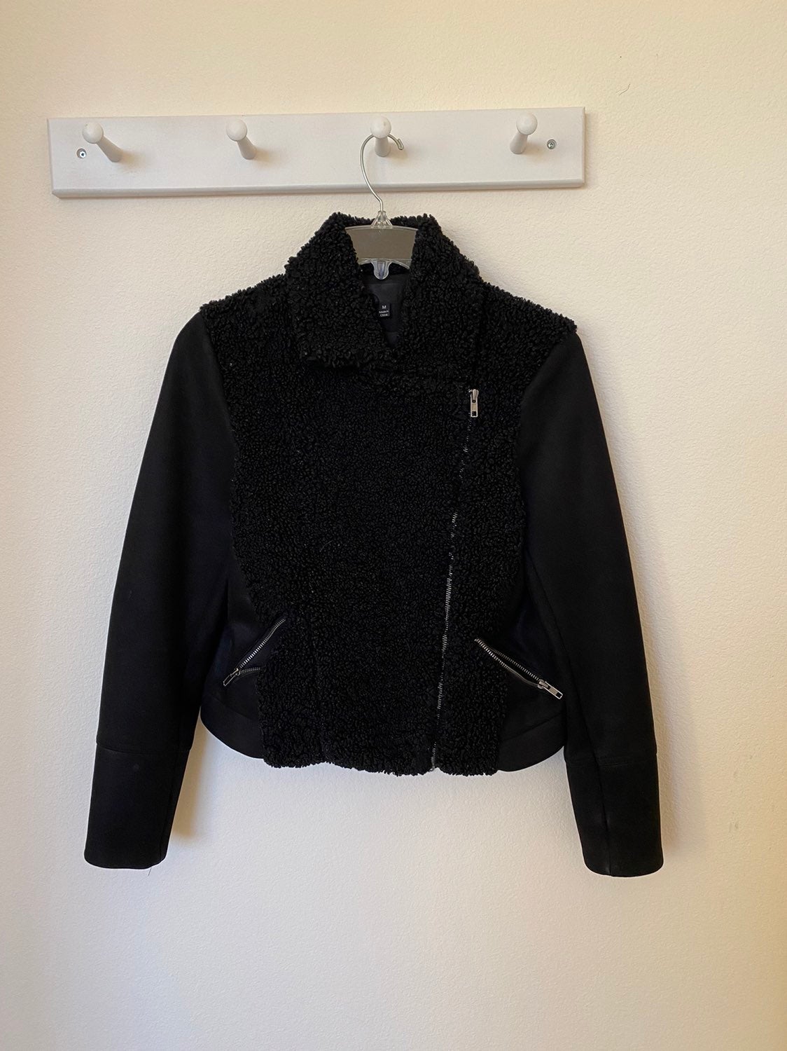 Anthropologie Greylin Women's Sherpa Moto Jacket Black Zip Front (Size Medium)