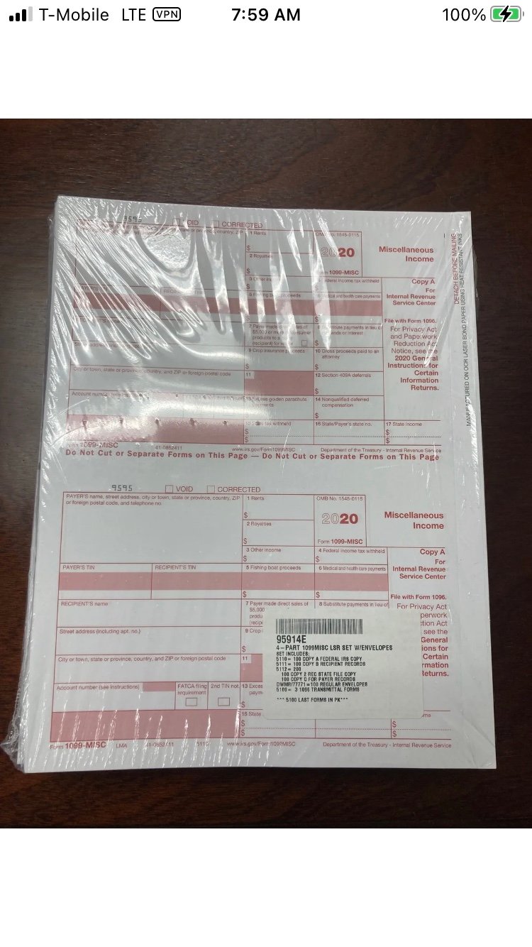 2020 FORM 1099 MISC Laser 4 Pt Set with envelopes + 3 FORM 1096 (100 Copy A B C)
